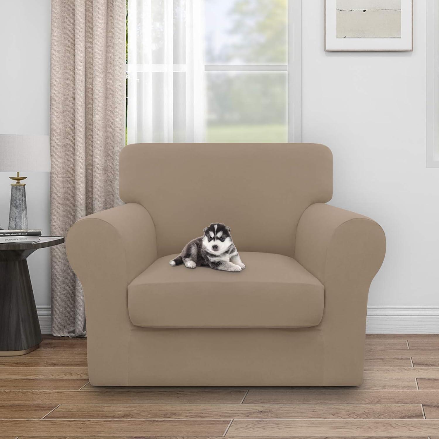 image:imageEasyGoing 100 Dual Waterproof 2 Pieces Chair Cover Stretch Soft Couch Cover for Dogs Sofa Slipcover for 1 Separate Cushion Couch Leakproof Furniture Protector for Kids Pets Dark GrayCamel