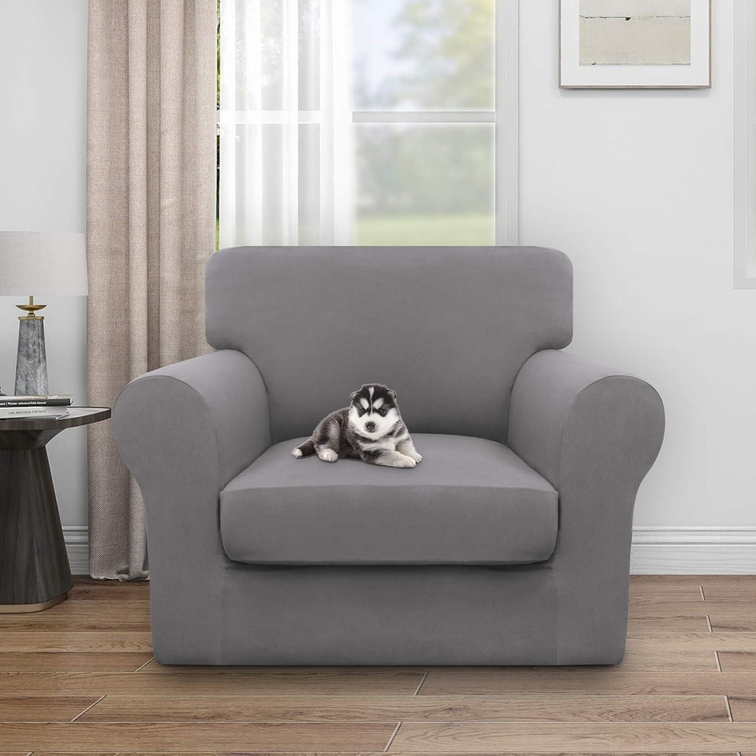 image:imageEasyGoing 100 Dual Waterproof 2 Pieces Chair Cover Stretch Soft Couch Cover for Dogs Sofa Slipcover for 1 Separate Cushion Couch Leakproof Furniture Protector for Kids Pets Dark GrayLight Gray