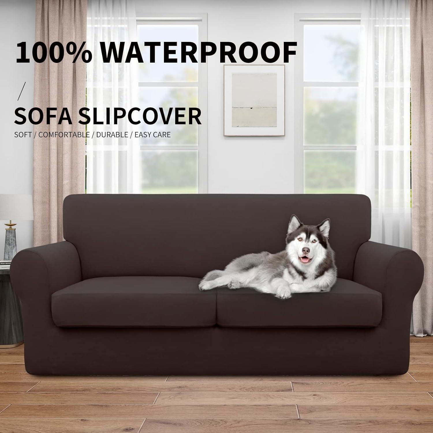 image:imageEasyGoing 100 Dual Waterproof 2 Pieces Chair Cover Stretch Soft Couch Cover for Dogs Sofa Slipcover for 1 Separate Cushion Couch Leakproof Furniture Protector for Kids Pets Dark GrayChocolate