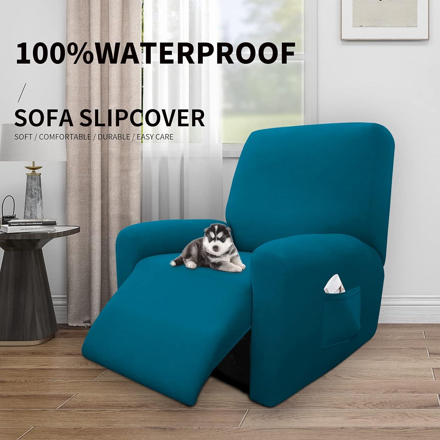 image:imageEasyGoing 100 Dual Waterproof 2 Pieces Chair Cover Stretch Soft Couch Cover for Dogs Sofa Slipcover for 1 Separate Cushion Couch Leakproof Furniture Protector for Kids Pets Dark GrayPeacock Blue