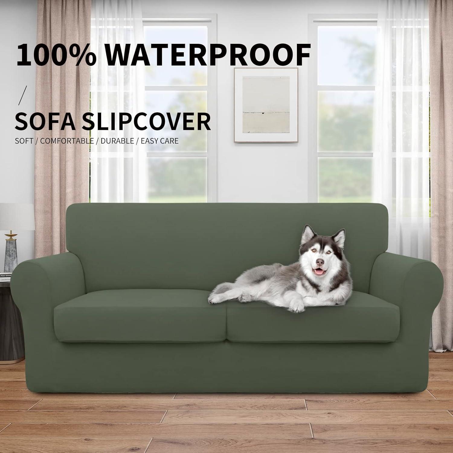 image:imageEasyGoing 100 Dual Waterproof 2 Pieces Chair Cover Stretch Soft Couch Cover for Dogs Sofa Slipcover for 1 Separate Cushion Couch Leakproof Furniture Protector for Kids Pets Dark GrayGrayish Green