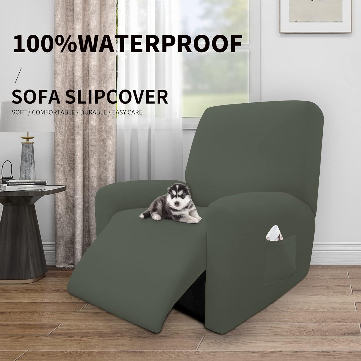 image:imageEasyGoing 100 Dual Waterproof 2 Pieces Chair Cover Stretch Soft Couch Cover for Dogs Sofa Slipcover for 1 Separate Cushion Couch Leakproof Furniture Protector for Kids Pets Dark GrayGrayish Green