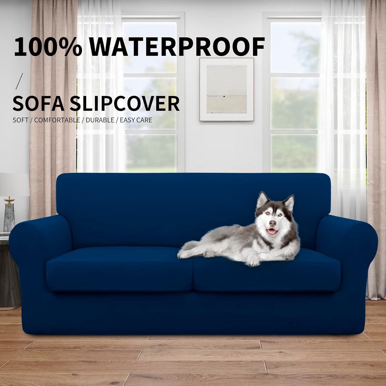 image:imageEasyGoing 100 Dual Waterproof 2 Pieces Chair Cover Stretch Soft Couch Cover for Dogs Sofa Slipcover for 1 Separate Cushion Couch Leakproof Furniture Protector for Kids Pets Dark GrayNavy