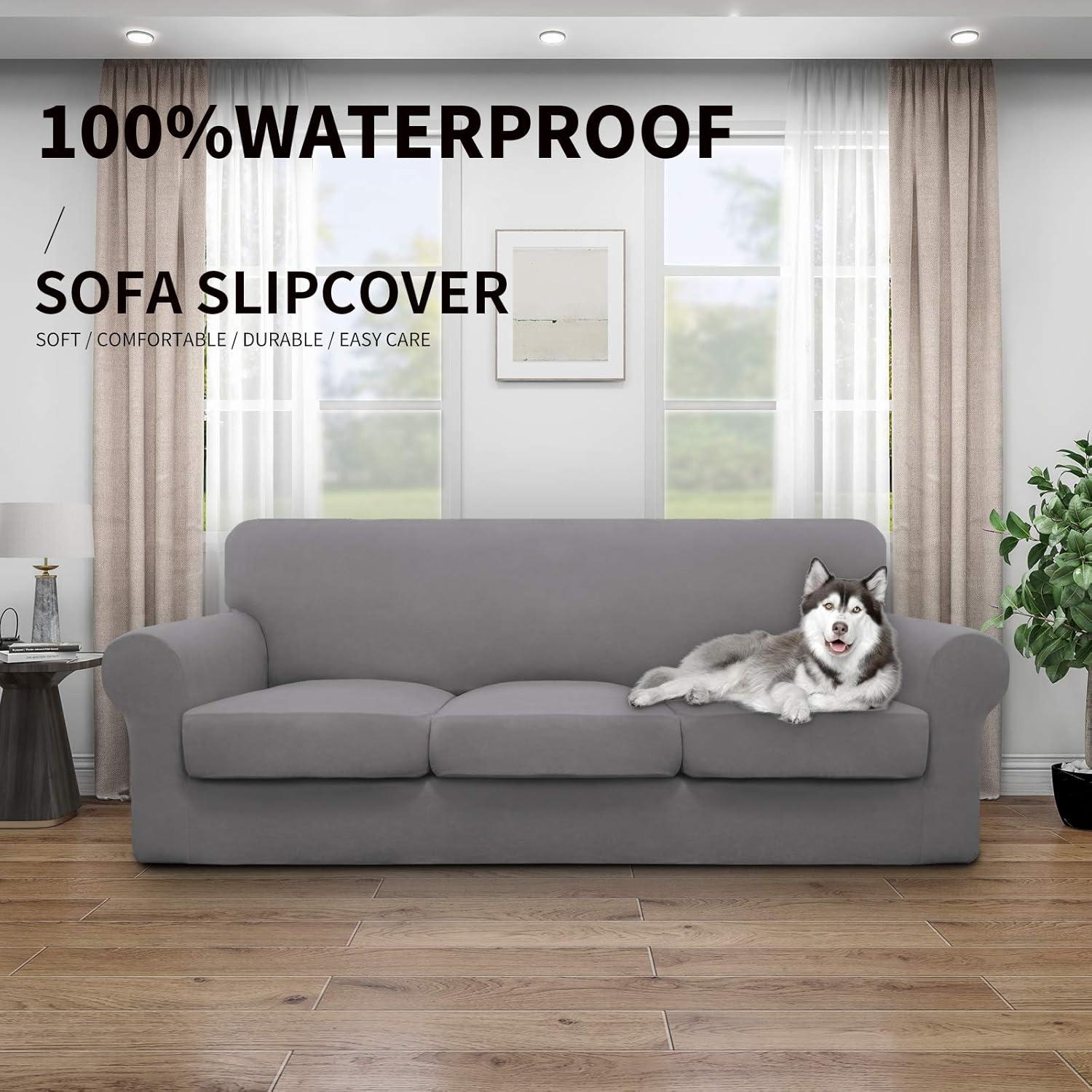 image:imageEasyGoing 100 Dual Waterproof 2 Pieces Chair Cover Stretch Soft Couch Cover for Dogs Sofa Slipcover for 1 Separate Cushion Couch Leakproof Furniture Protector for Kids Pets Dark GrayLight Gray