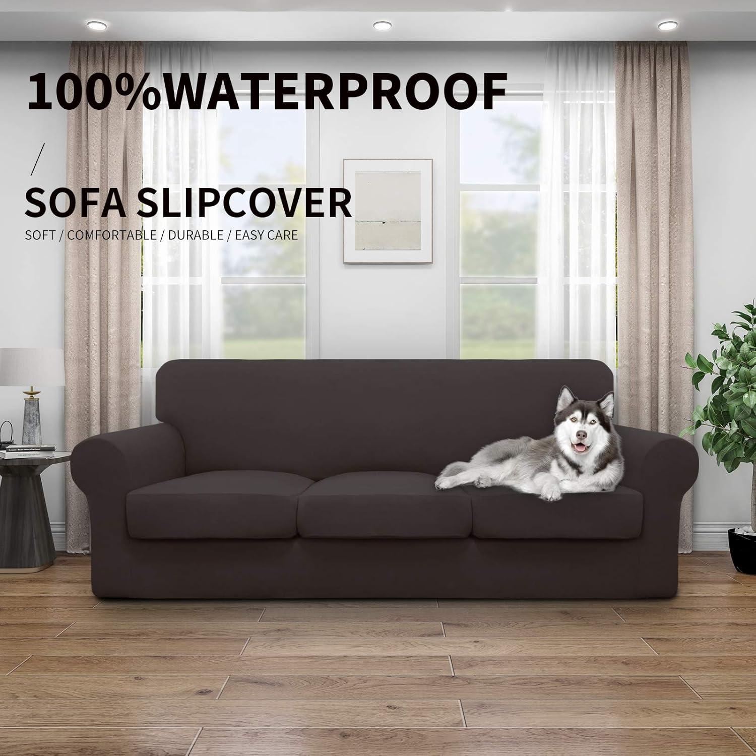 image:imageEasyGoing 100 Dual Waterproof 2 Pieces Chair Cover Stretch Soft Couch Cover for Dogs Sofa Slipcover for 1 Separate Cushion Couch Leakproof Furniture Protector for Kids Pets Dark GrayChocolate