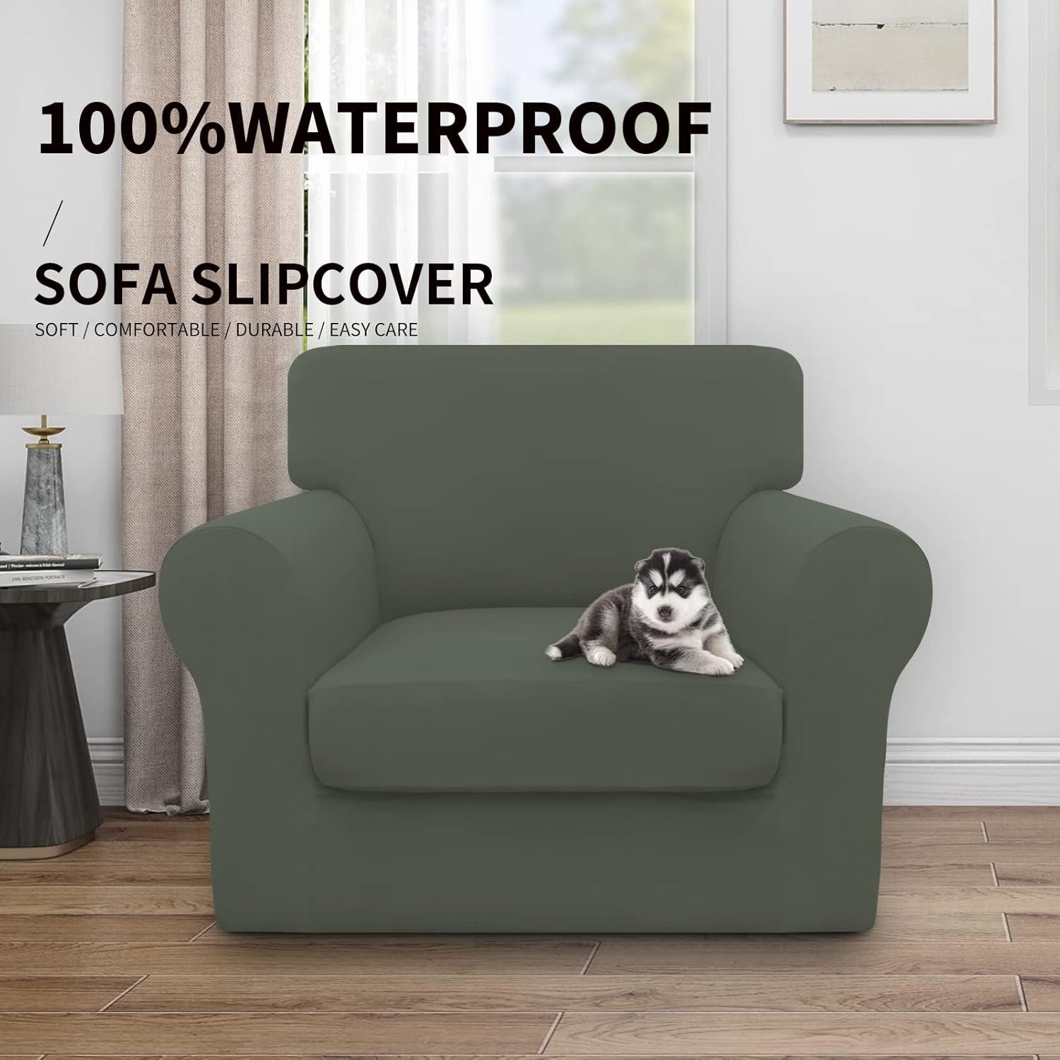 image:imageEasyGoing 100 Dual Waterproof 2 Pieces Chair Cover Stretch Soft Couch Cover for Dogs Sofa Slipcover for 1 Separate Cushion Couch Leakproof Furniture Protector for Kids Pets Dark GrayGrayish Green