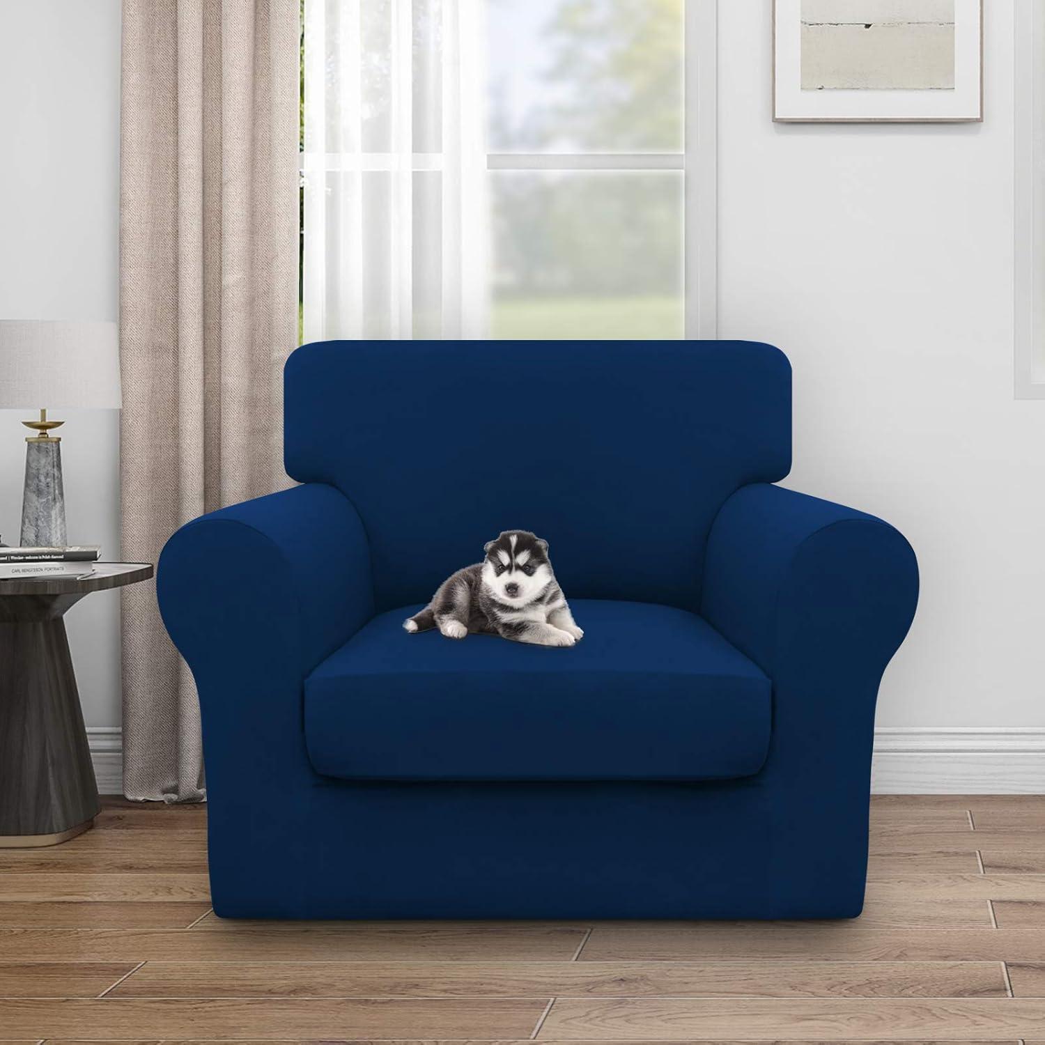 image:imageEasyGoing 100 Dual Waterproof 2 Pieces Chair Cover Stretch Soft Couch Cover for Dogs Sofa Slipcover for 1 Separate Cushion Couch Leakproof Furniture Protector for Kids Pets Dark GrayNavy