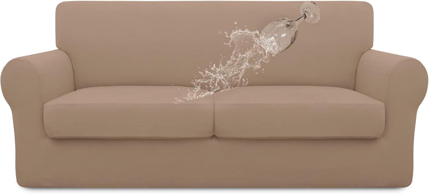 image:imageEasyGoing 100 Dual Waterproof 2 Pieces Chair Cover Stretch Soft Couch Cover for Dogs Sofa Slipcover for 1 Separate Cushion Couch Leakproof Furniture Protector for Kids Pets Dark GrayCamel