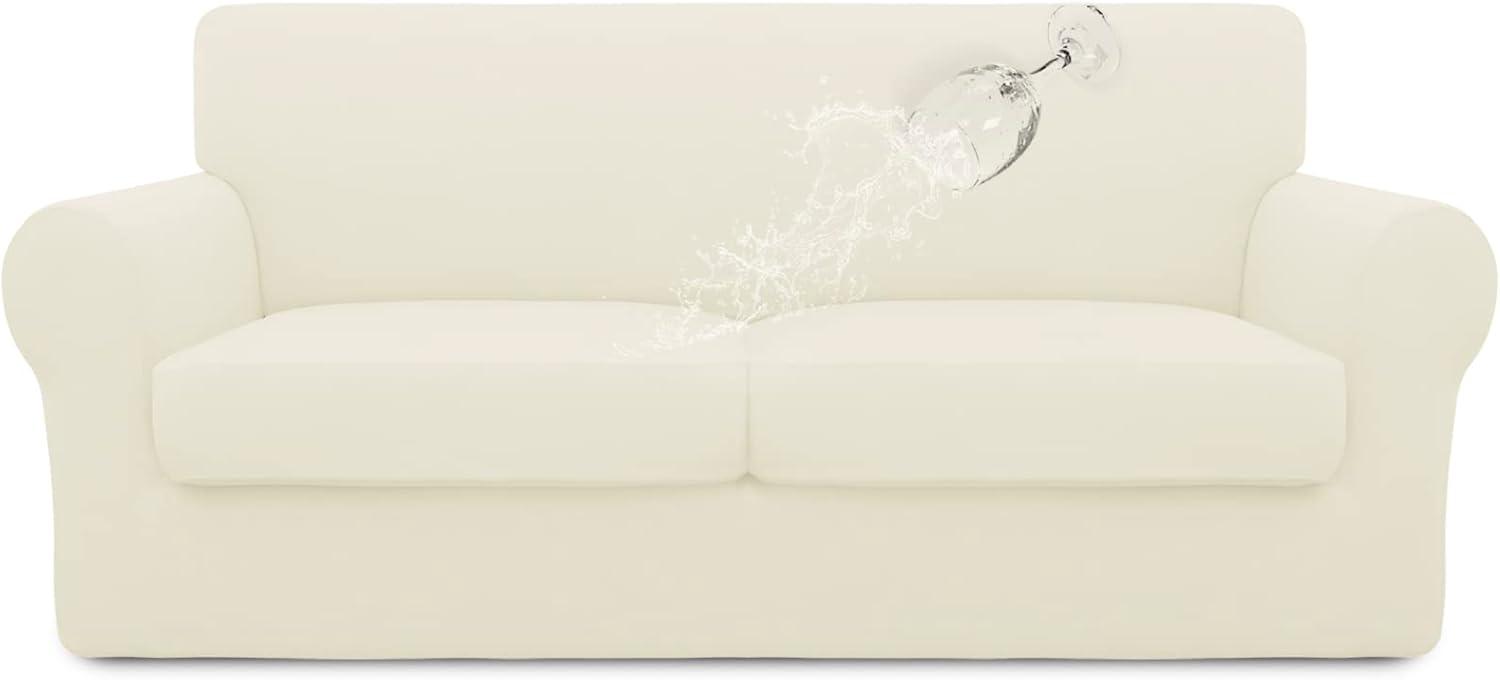 image:imageEasyGoing 100 Dual Waterproof 2 Pieces Chair Cover Stretch Soft Couch Cover for Dogs Sofa Slipcover for 1 Separate Cushion Couch Leakproof Furniture Protector for Kids Pets Dark GrayIvory