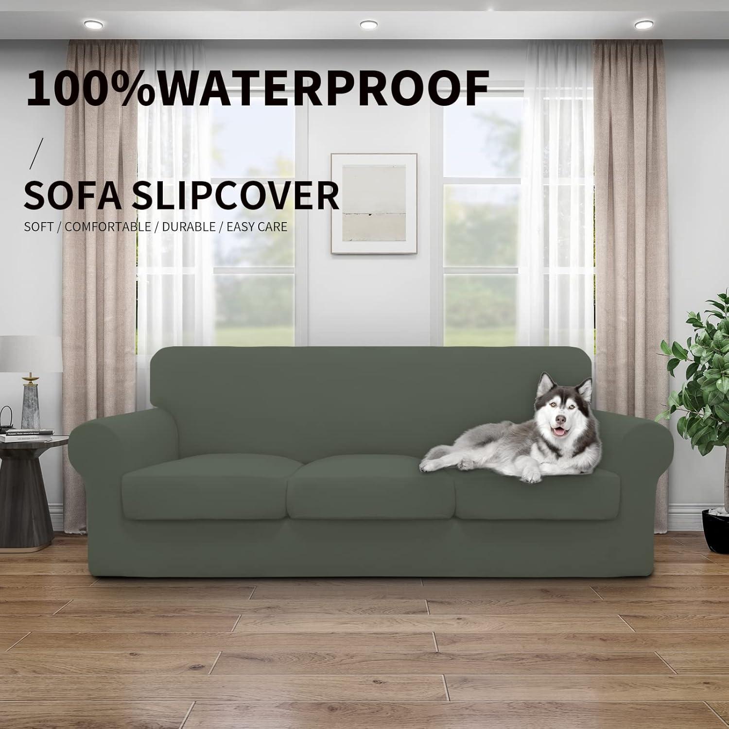 image:imageEasyGoing 100 Dual Waterproof 2 Pieces Chair Cover Stretch Soft Couch Cover for Dogs Sofa Slipcover for 1 Separate Cushion Couch Leakproof Furniture Protector for Kids Pets Dark GrayGrayish Green