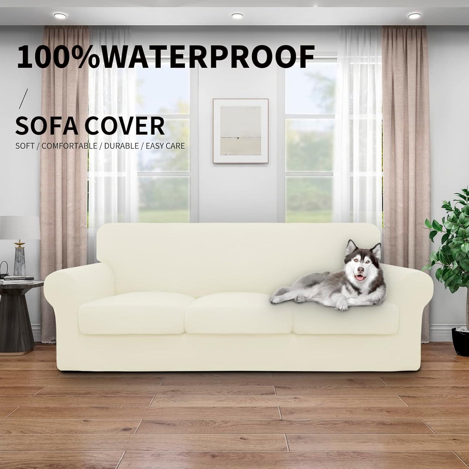 image:imageEasyGoing 100 Dual Waterproof 2 Pieces Chair Cover Stretch Soft Couch Cover for Dogs Sofa Slipcover for 1 Separate Cushion Couch Leakproof Furniture Protector for Kids Pets Dark GrayIvory
