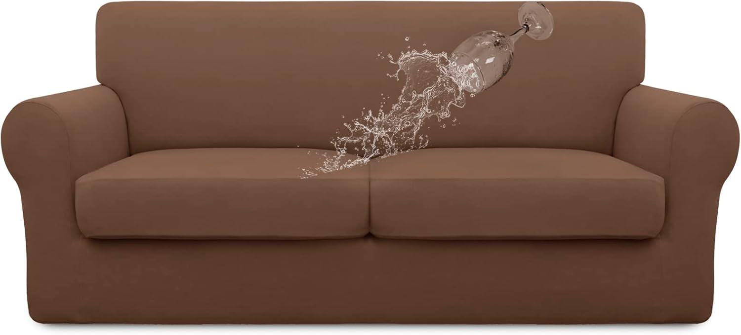 image:imageEasyGoing 100 Dual Waterproof 2 Pieces Chair Cover Stretch Soft Couch Cover for Dogs Sofa Slipcover for 1 Separate Cushion Couch Leakproof Furniture Protector for Kids Pets Dark GrayBrown