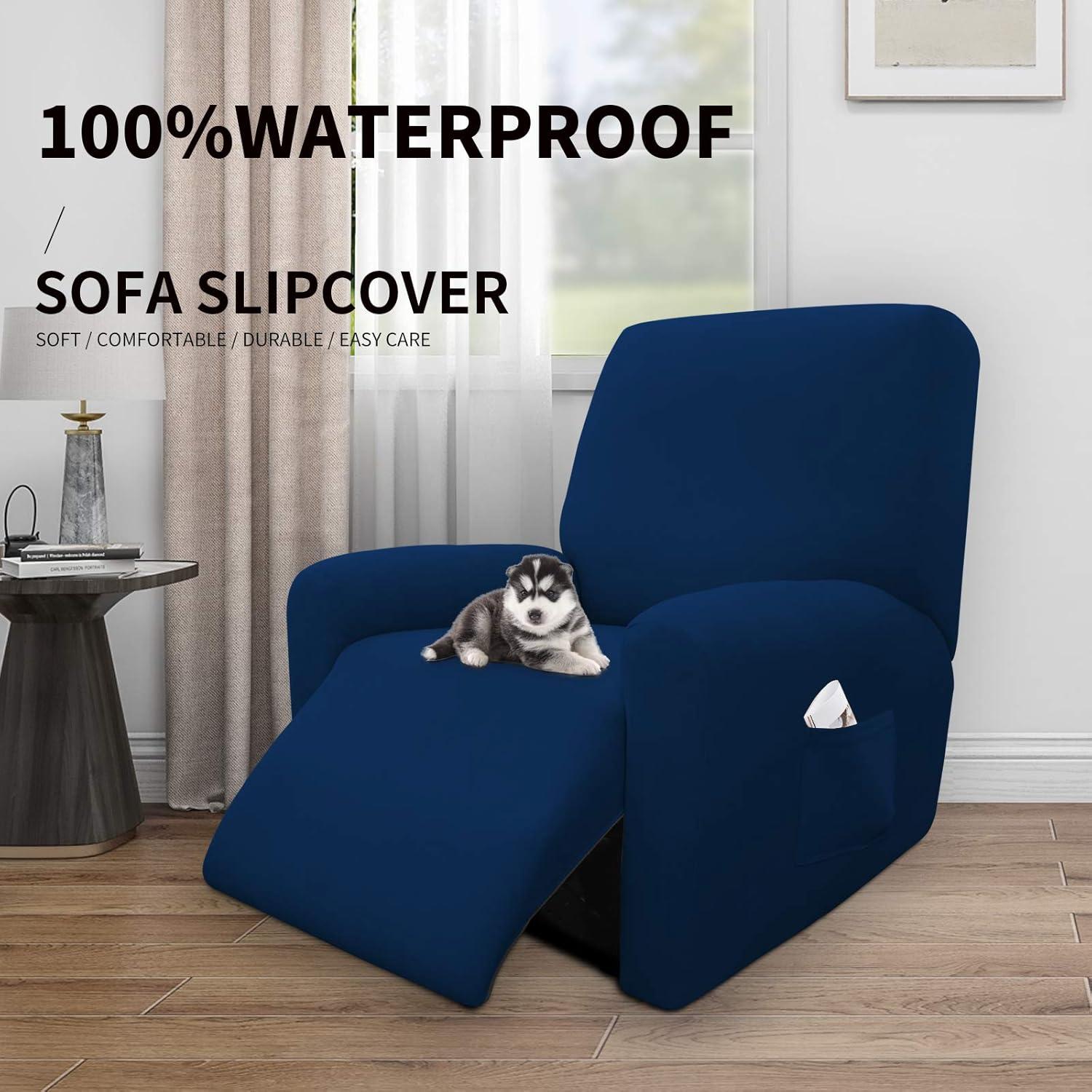image:imageEasyGoing 100 Dual Waterproof 2 Pieces Chair Cover Stretch Soft Couch Cover for Dogs Sofa Slipcover for 1 Separate Cushion Couch Leakproof Furniture Protector for Kids Pets Dark GrayNavy