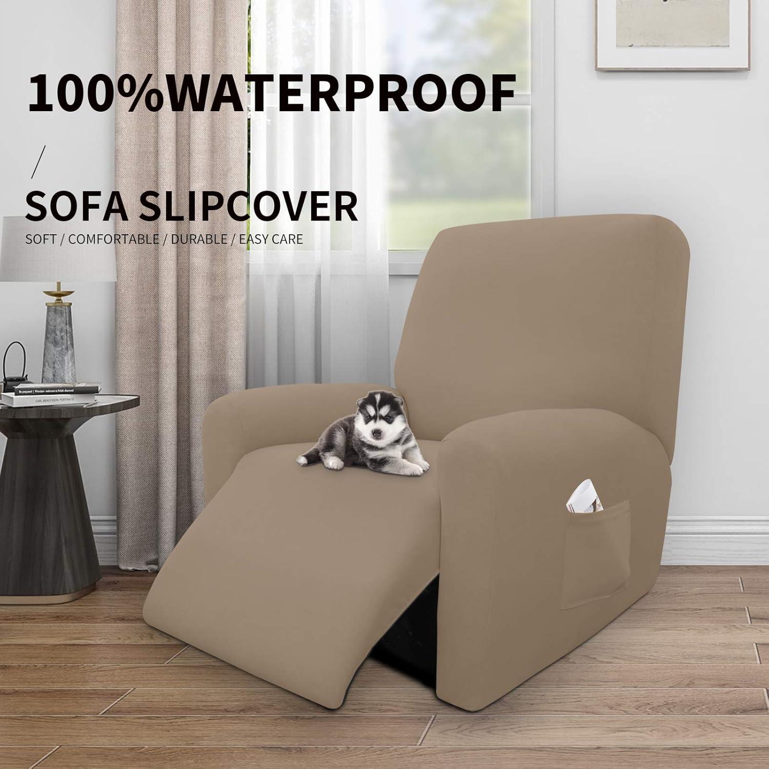 image:imageEasyGoing 100 Dual Waterproof 2 Pieces Chair Cover Stretch Soft Couch Cover for Dogs Sofa Slipcover for 1 Separate Cushion Couch Leakproof Furniture Protector for Kids Pets Dark GrayCamel