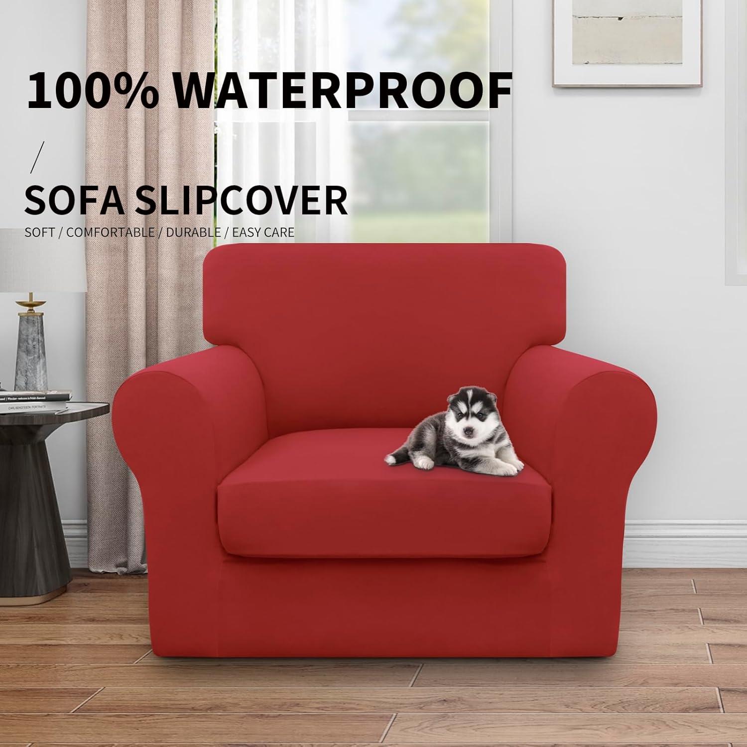 image:imageEasyGoing 100 Dual Waterproof 2 Pieces Chair Cover Stretch Soft Couch Cover for Dogs Sofa Slipcover for 1 Separate Cushion Couch Leakproof Furniture Protector for Kids Pets Dark GrayChristmas Red