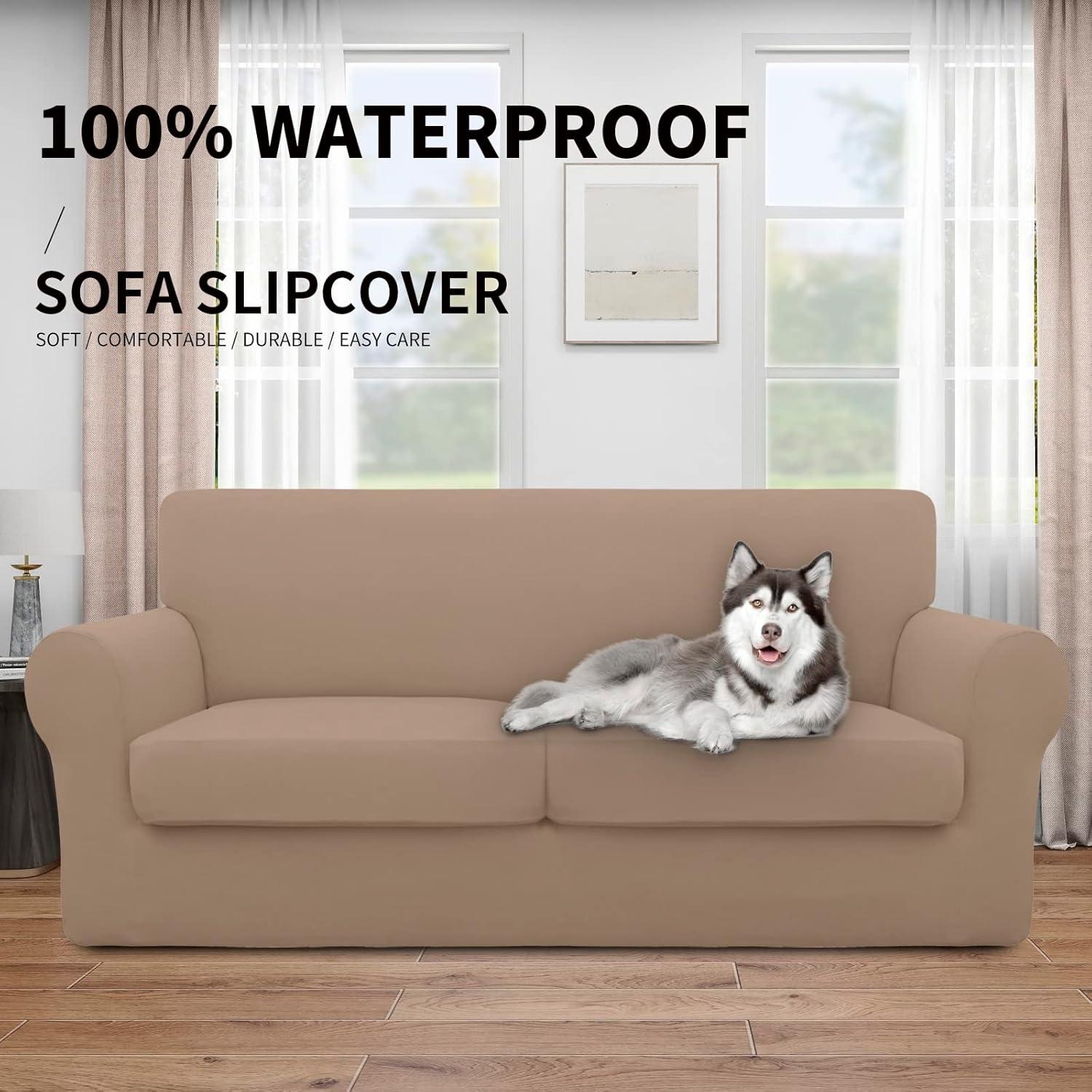 image:imageEasyGoing 100 Dual Waterproof 2 Pieces Chair Cover Stretch Soft Couch Cover for Dogs Sofa Slipcover for 1 Separate Cushion Couch Leakproof Furniture Protector for Kids Pets Dark GrayCamel