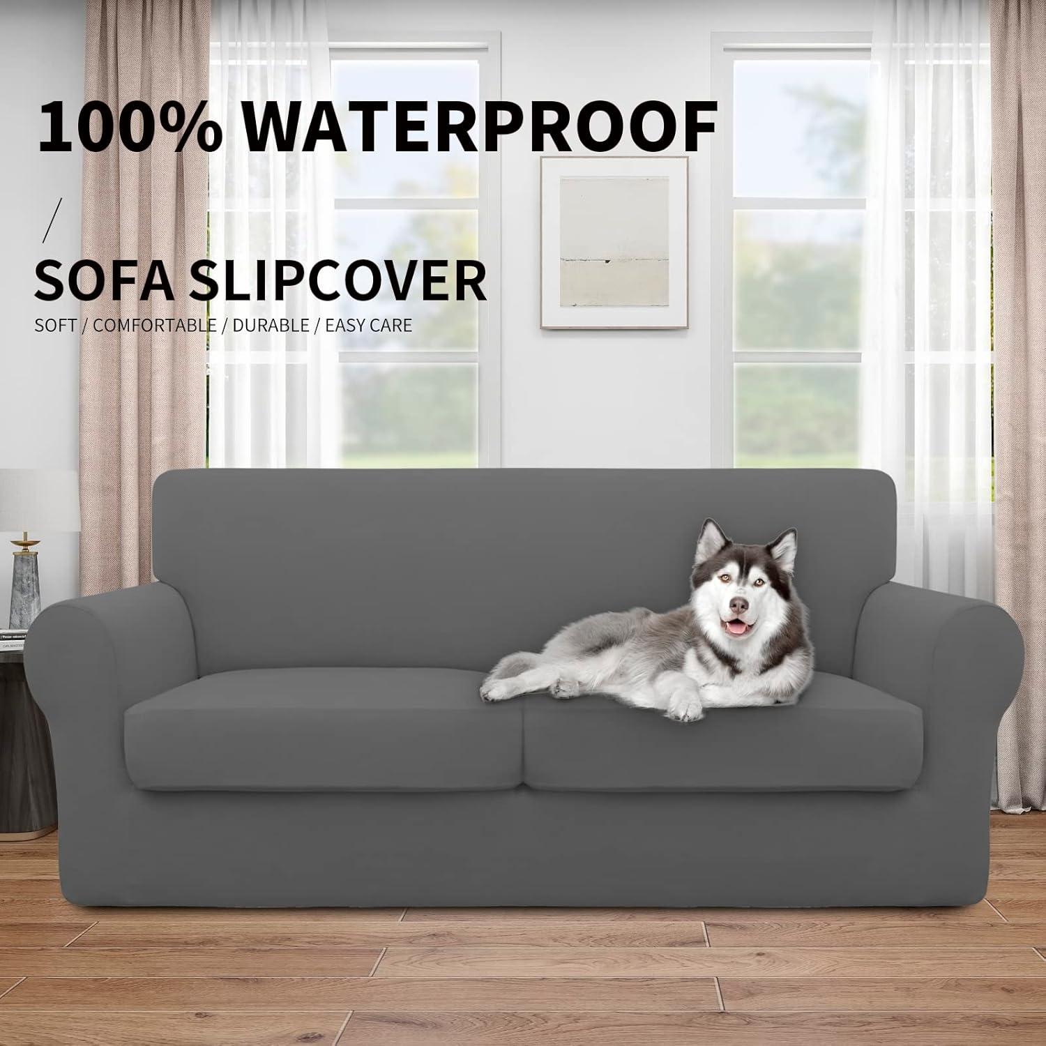 image:imageEasyGoing 100 Dual Waterproof 2 Pieces Chair Cover Stretch Soft Couch Cover for Dogs Sofa Slipcover for 1 Separate Cushion Couch Leakproof Furniture Protector for Kids Pets Dark GrayGrey