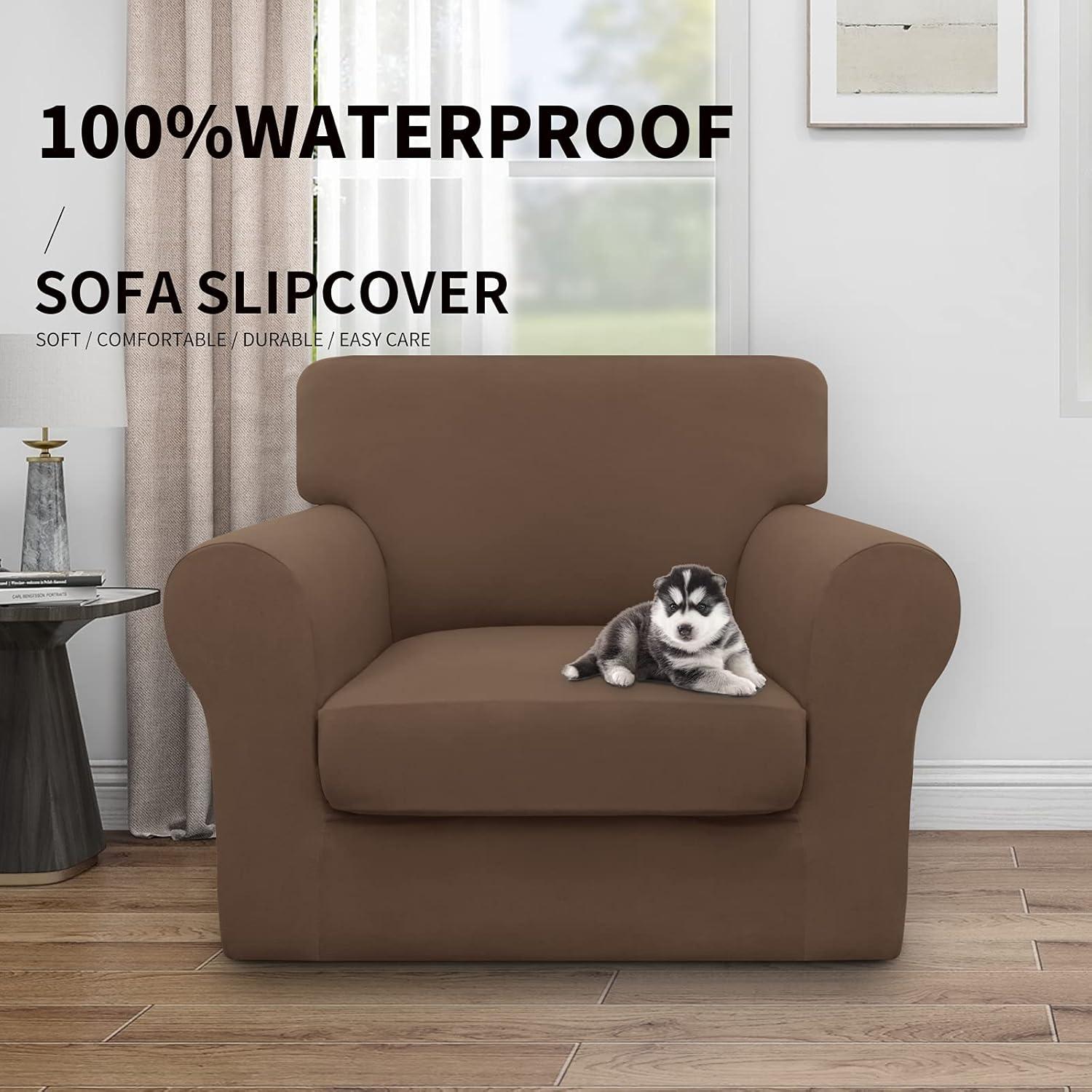 image:imageEasyGoing 100 Dual Waterproof 2 Pieces Chair Cover Stretch Soft Couch Cover for Dogs Sofa Slipcover for 1 Separate Cushion Couch Leakproof Furniture Protector for Kids Pets Dark GrayBrown