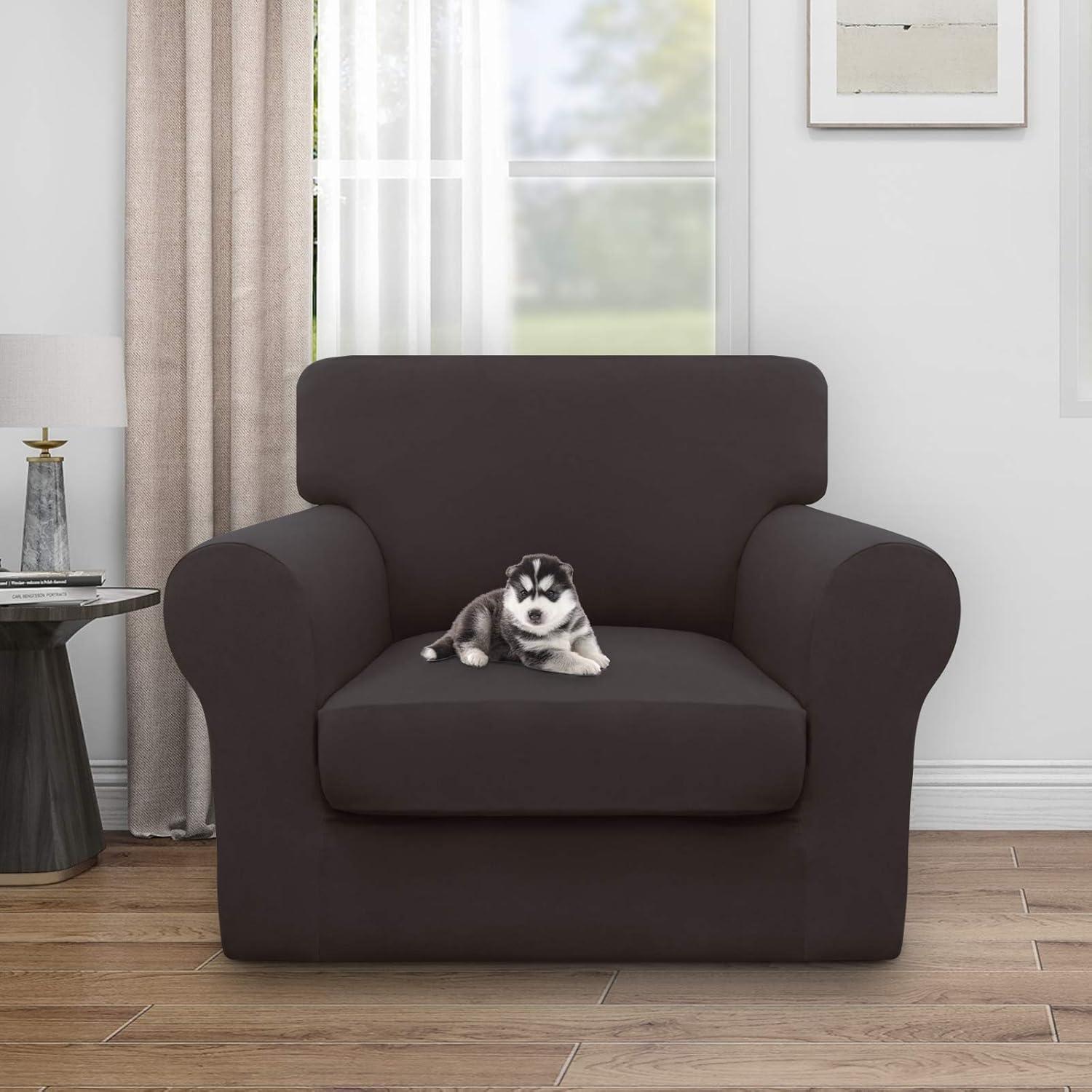 image:imageEasyGoing 100 Dual Waterproof 2 Pieces Chair Cover Stretch Soft Couch Cover for Dogs Sofa Slipcover for 1 Separate Cushion Couch Leakproof Furniture Protector for Kids Pets Dark GrayChocolate