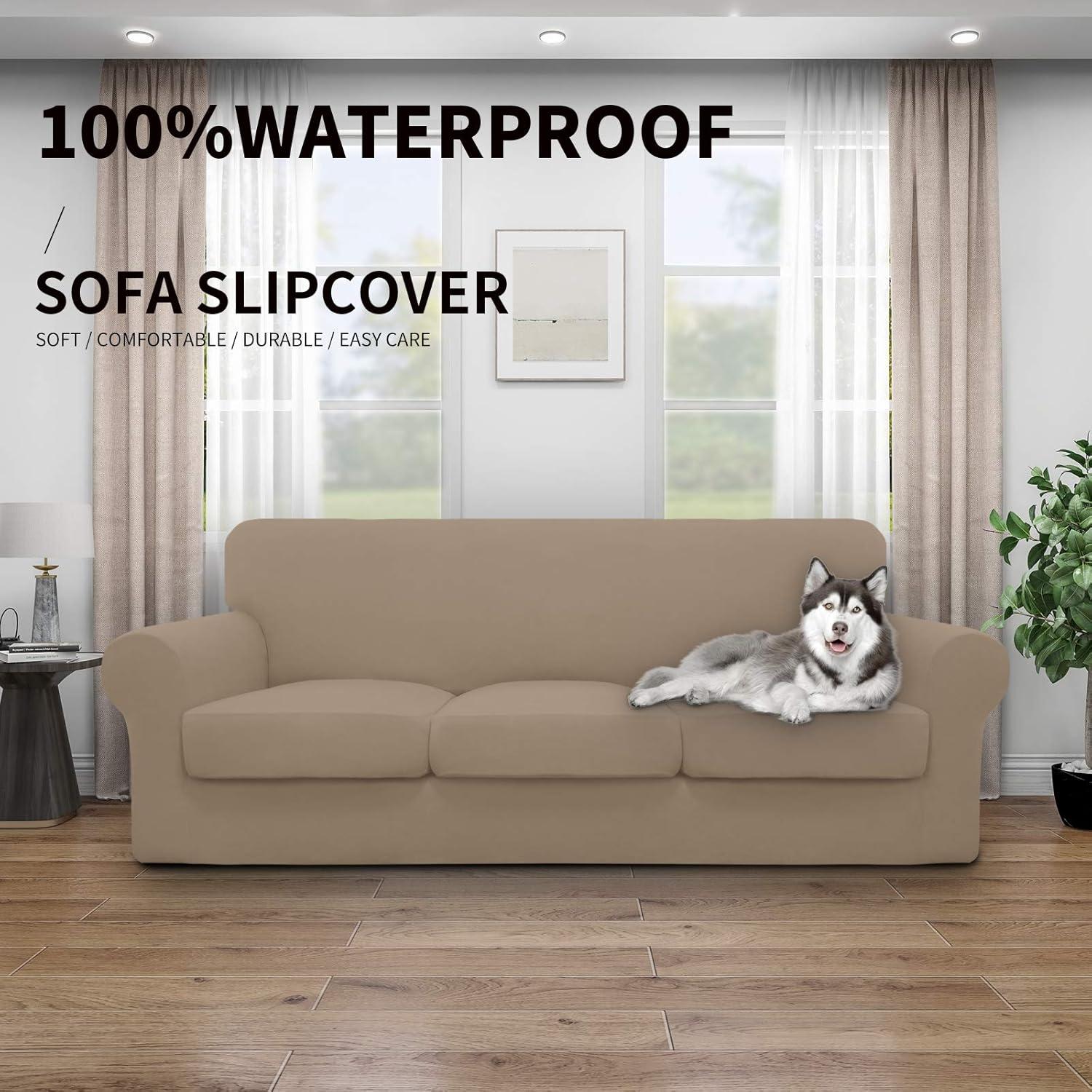 image:imageEasyGoing 100 Dual Waterproof 2 Pieces Chair Cover Stretch Soft Couch Cover for Dogs Sofa Slipcover for 1 Separate Cushion Couch Leakproof Furniture Protector for Kids Pets Dark GrayCamel