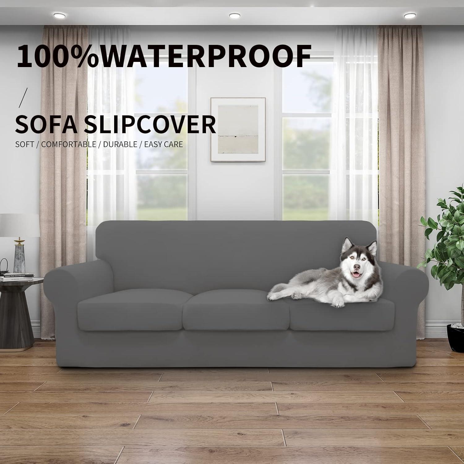 image:imageEasyGoing 100 Dual Waterproof 2 Pieces Chair Cover Stretch Soft Couch Cover for Dogs Sofa Slipcover for 1 Separate Cushion Couch Leakproof Furniture Protector for Kids Pets Dark GrayGrey