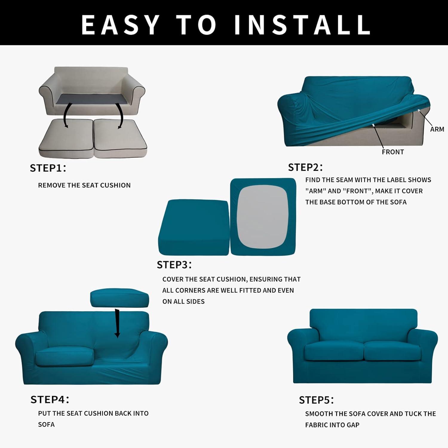image:imageEasyGoing 100 Dual Waterproof 2 Pieces Chair Cover Stretch Soft Couch Cover for Dogs Sofa Slipcover for 1 Separate Cushion Couch Leakproof Furniture Protector for Kids Pets Dark GrayPeacock Blue