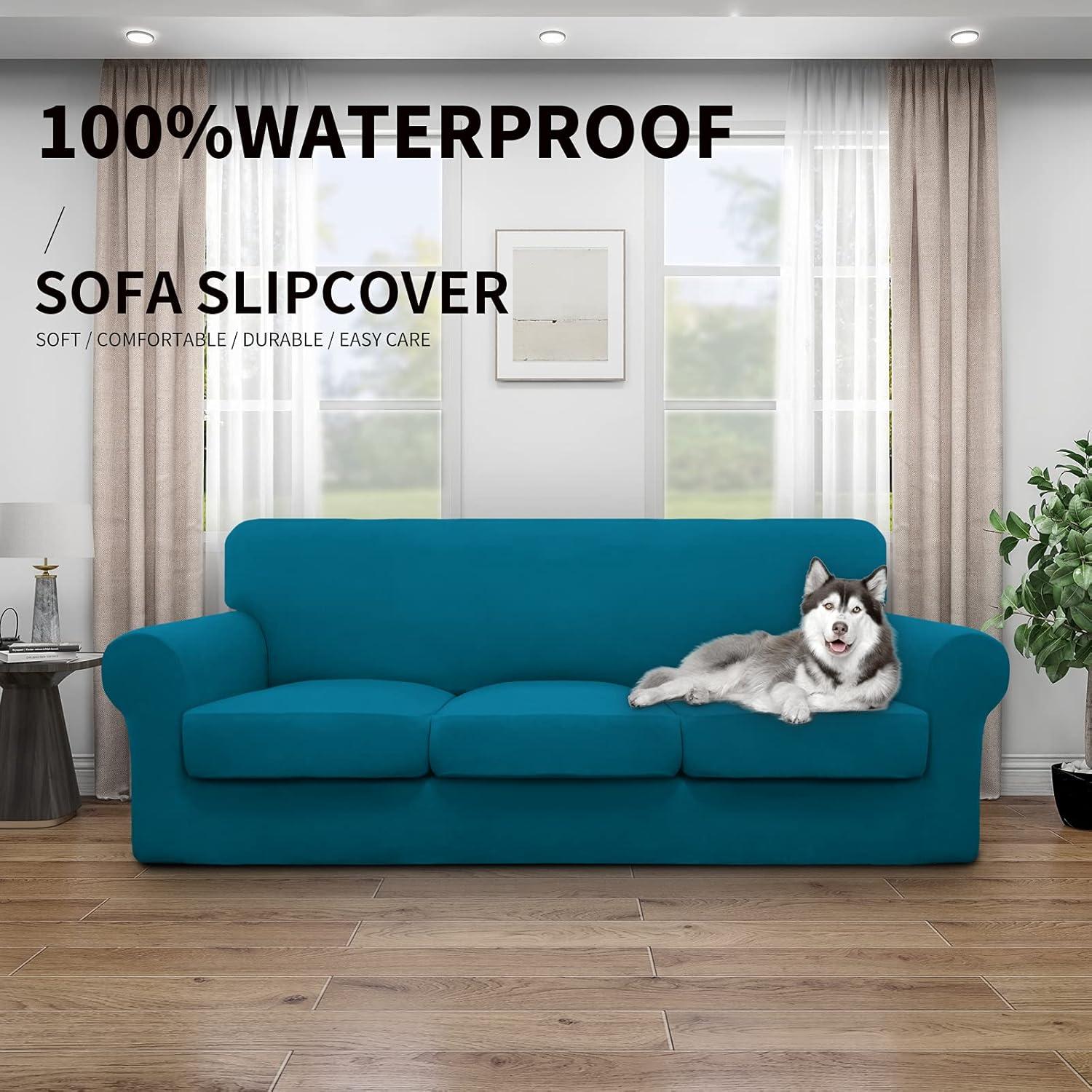 image:imageEasyGoing 100 Dual Waterproof 2 Pieces Chair Cover Stretch Soft Couch Cover for Dogs Sofa Slipcover for 1 Separate Cushion Couch Leakproof Furniture Protector for Kids Pets Dark GrayPeacock Blue