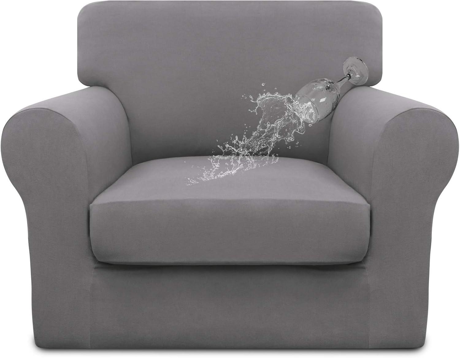image:imageEasyGoing 100 Dual Waterproof 2 Pieces Chair Cover Stretch Soft Couch Cover for Dogs Sofa Slipcover for 1 Separate Cushion Couch Leakproof Furniture Protector for Kids Pets Dark GrayLight Gray