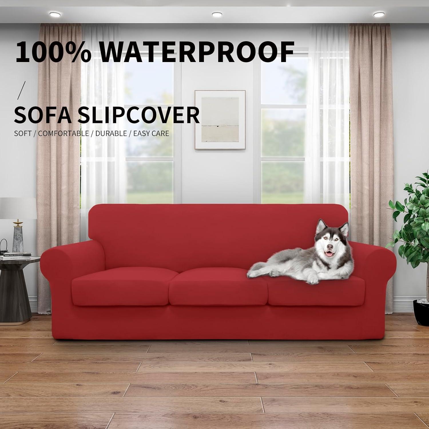 image:imageEasyGoing 100 Dual Waterproof 2 Pieces Chair Cover Stretch Soft Couch Cover for Dogs Sofa Slipcover for 1 Separate Cushion Couch Leakproof Furniture Protector for Kids Pets Dark GrayChristmas Red