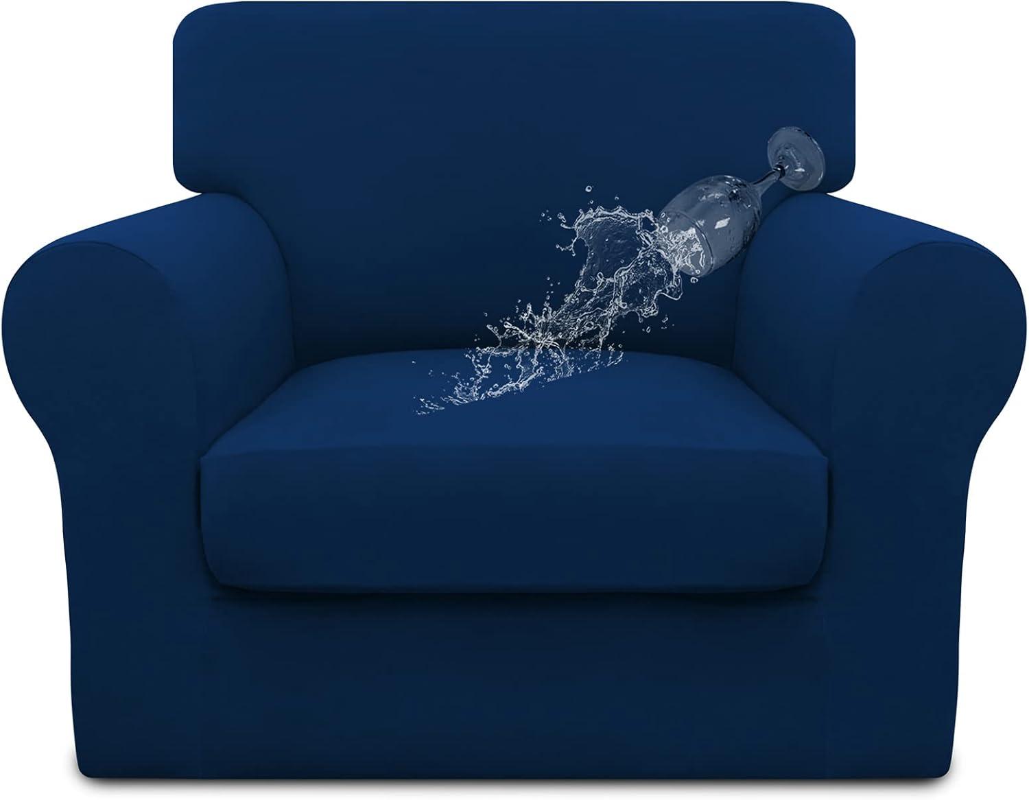 image:imageEasyGoing 100 Dual Waterproof 2 Pieces Chair Cover Stretch Soft Couch Cover for Dogs Sofa Slipcover for 1 Separate Cushion Couch Leakproof Furniture Protector for Kids Pets Dark GrayNavy