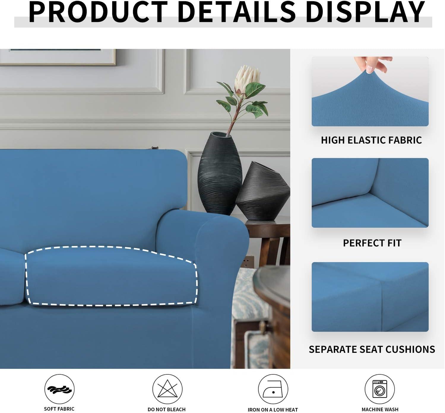 image:imageEasyGoing 2 Pieces Microfiber Stretch Chair Slipcover Spandex Soft Fitted Sofa Couch Cover Washable Furniture Protector with Elastic Bottom Kids Pet ChocolateLight Blue