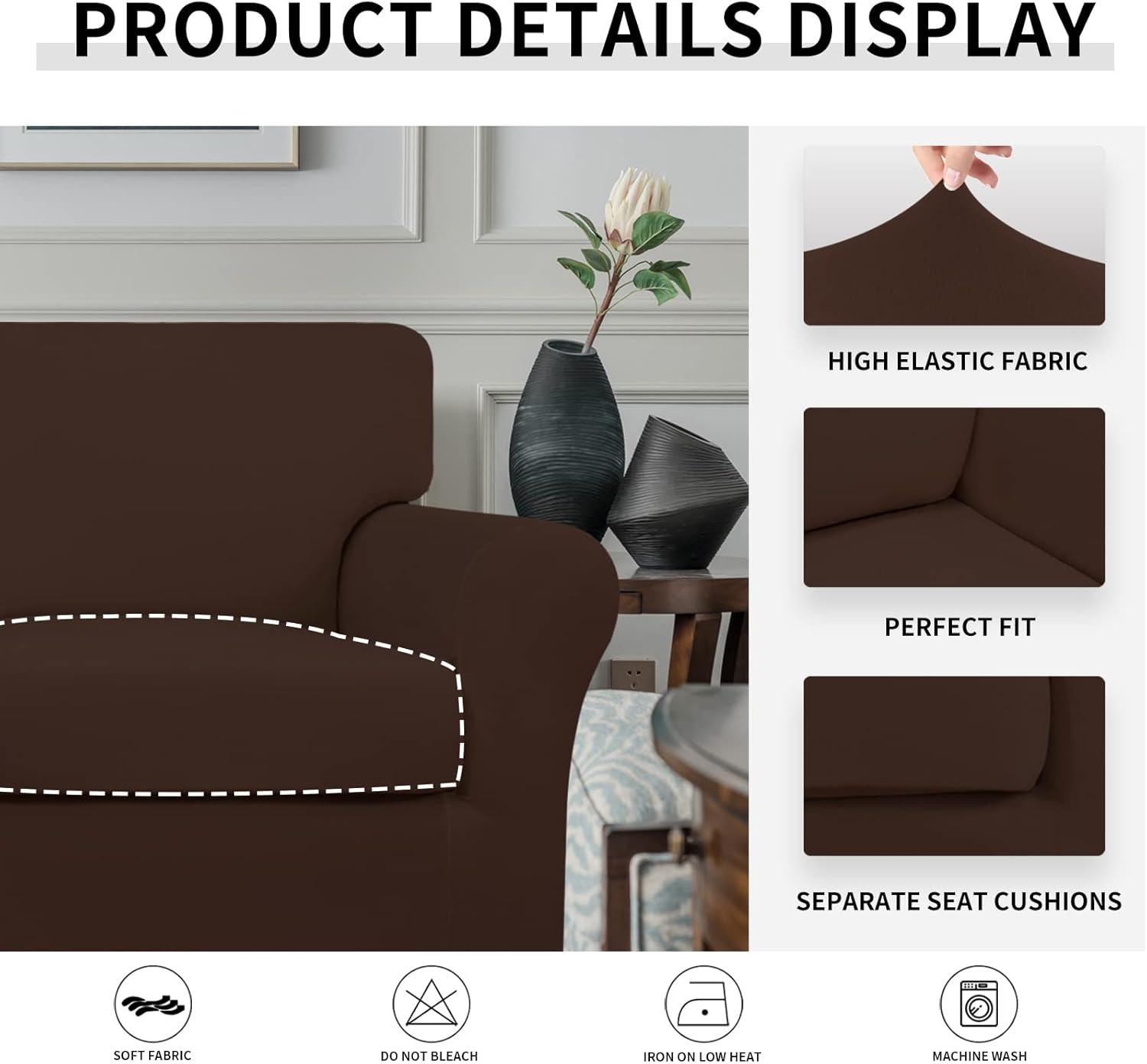image:imageEasyGoing 2 Pieces Microfiber Stretch Chair Slipcover Spandex Soft Fitted Sofa Couch Cover Washable Furniture Protector with Elastic Bottom Kids Pet ChocolateCoffee