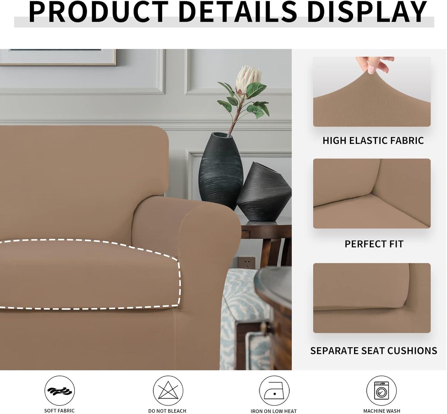 image:imageEasyGoing 2 Pieces Microfiber Stretch Chair Slipcover Spandex Soft Fitted Sofa Couch Cover Washable Furniture Protector with Elastic Bottom Kids Pet ChocolateCamel