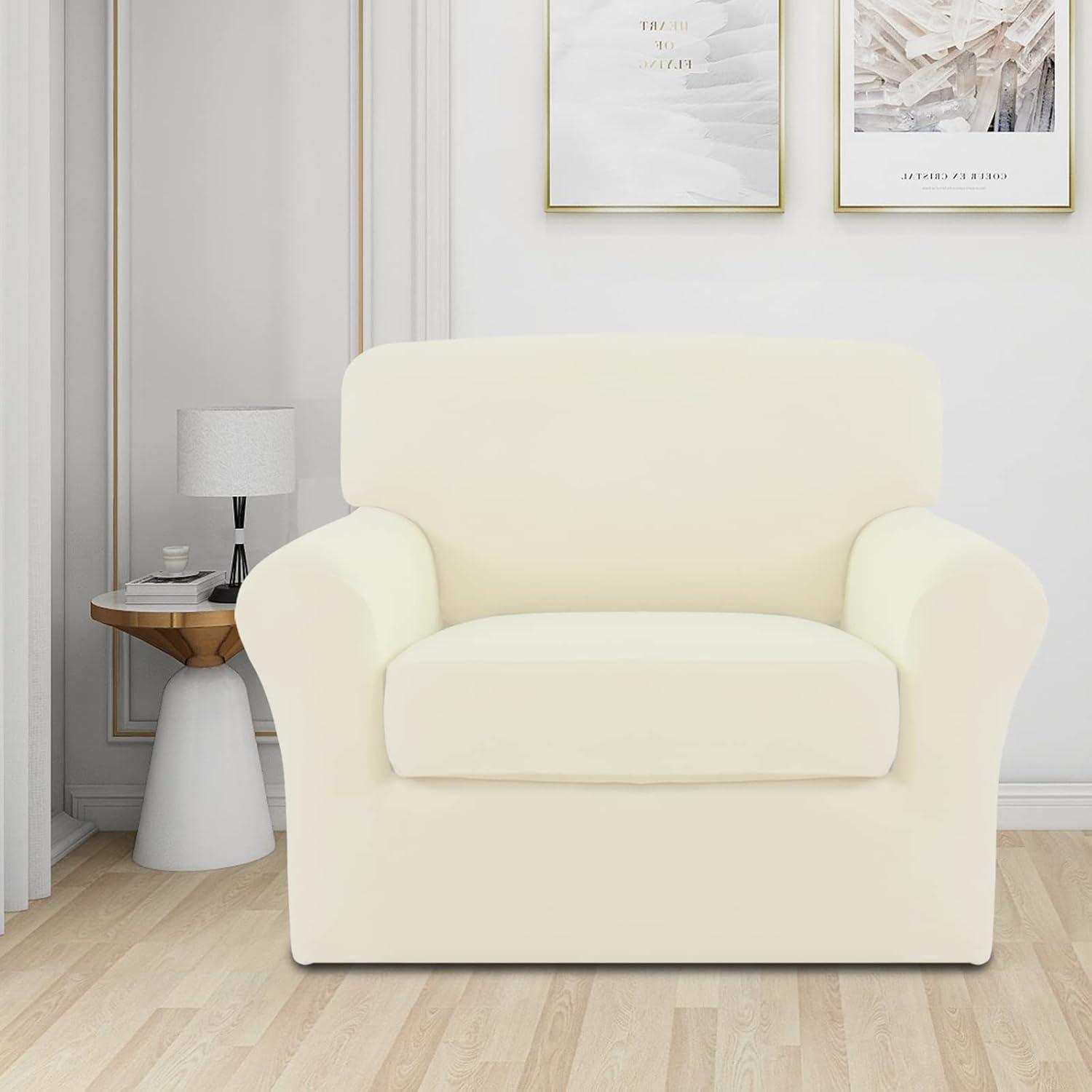 image:imageEasyGoing 2 Pieces Microfiber Stretch Chair Slipcover Spandex Soft Fitted Sofa Couch Cover Washable Furniture Protector with Elastic Bottom Kids Pet ChocolateIvory
