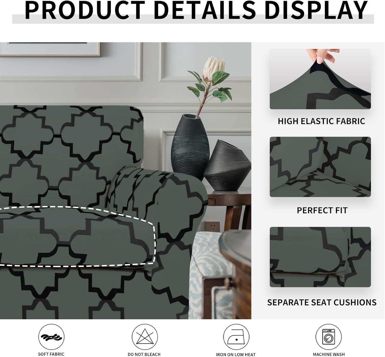image:imageEasyGoing 2 Pieces Microfiber Stretch Chair Slipcover Spandex Soft Fitted Sofa Couch Cover Washable Furniture Protector with Elastic Bottom Kids Pet ChocolateQuatrefoilGray