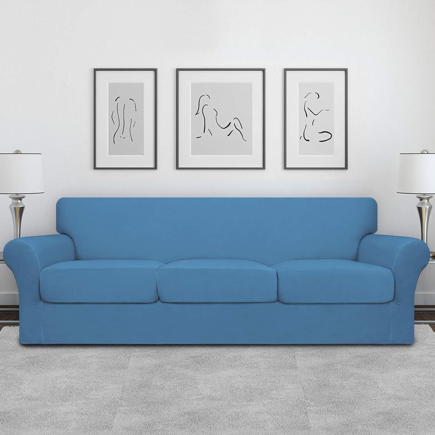 image:imageEasyGoing 2 Pieces Microfiber Stretch Chair Slipcover Spandex Soft Fitted Sofa Couch Cover Washable Furniture Protector with Elastic Bottom Kids Pet ChocolateLight Blue