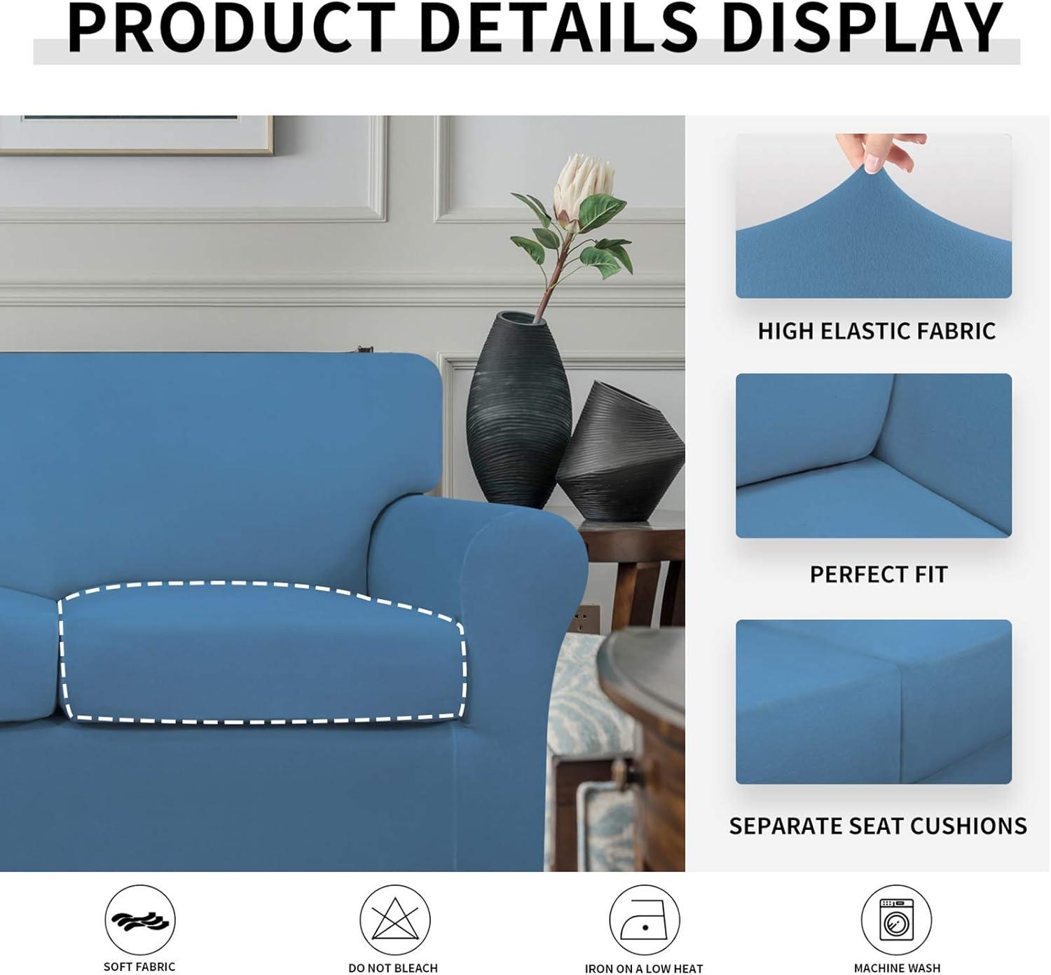 image:imageEasyGoing 2 Pieces Microfiber Stretch Chair Slipcover Spandex Soft Fitted Sofa Couch Cover Washable Furniture Protector with Elastic Bottom Kids Pet ChocolateLight Blue