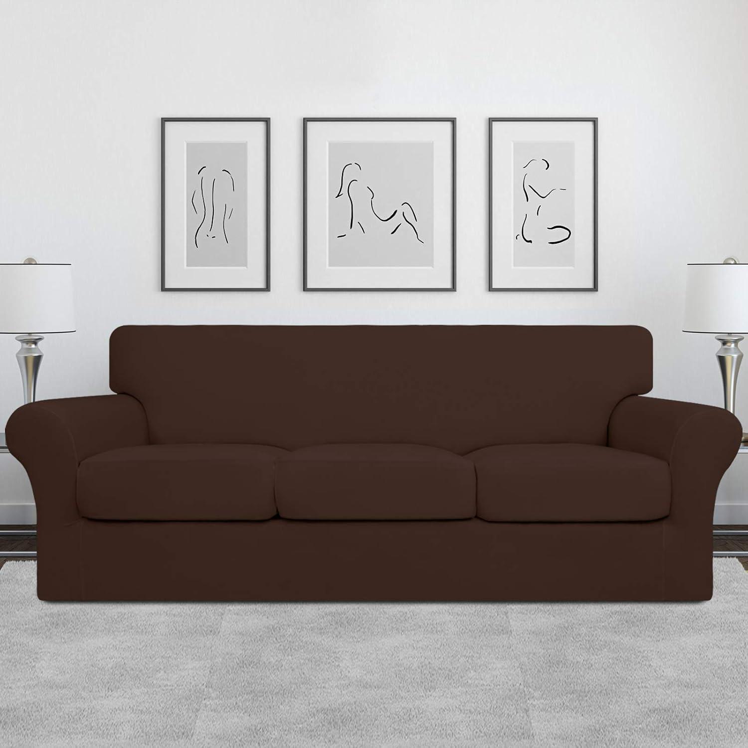 image:imageEasyGoing 2 Pieces Microfiber Stretch Chair Slipcover Spandex Soft Fitted Sofa Couch Cover Washable Furniture Protector with Elastic Bottom Kids Pet ChocolateCoffee