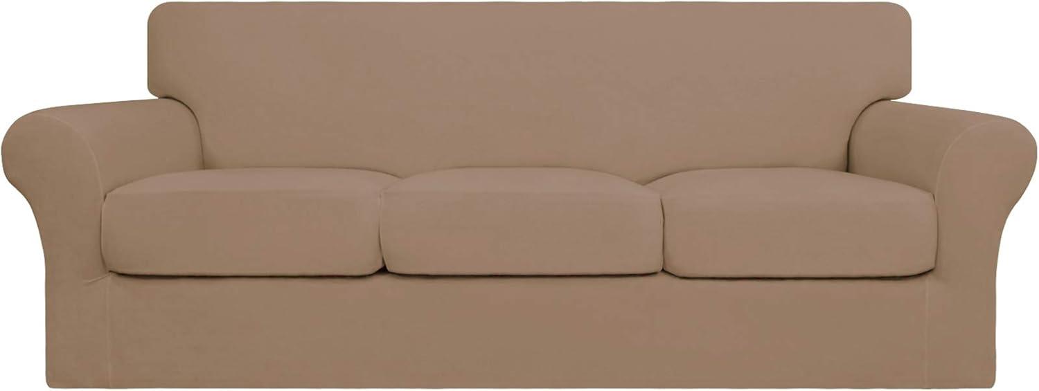 image:imageEasyGoing 2 Pieces Microfiber Stretch Chair Slipcover Spandex Soft Fitted Sofa Couch Cover Washable Furniture Protector with Elastic Bottom Kids Pet ChocolateCamel