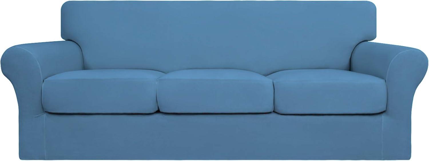 image:imageEasyGoing 2 Pieces Microfiber Stretch Chair Slipcover Spandex Soft Fitted Sofa Couch Cover Washable Furniture Protector with Elastic Bottom Kids Pet ChocolateLight Blue