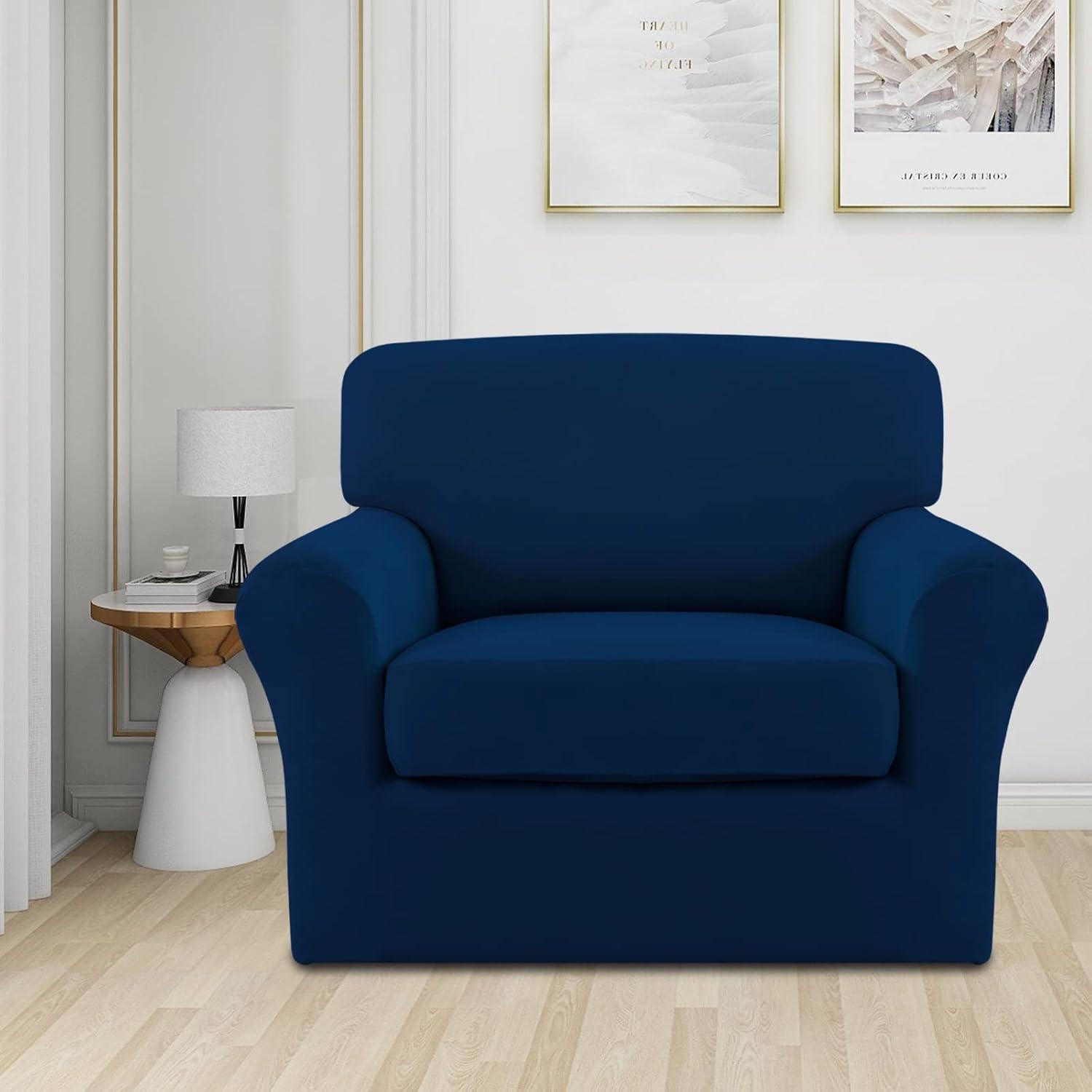 image:imageEasyGoing 2 Pieces Microfiber Stretch Chair Slipcover Spandex Soft Fitted Sofa Couch Cover Washable Furniture Protector with Elastic Bottom Kids Pet ChocolateNavy