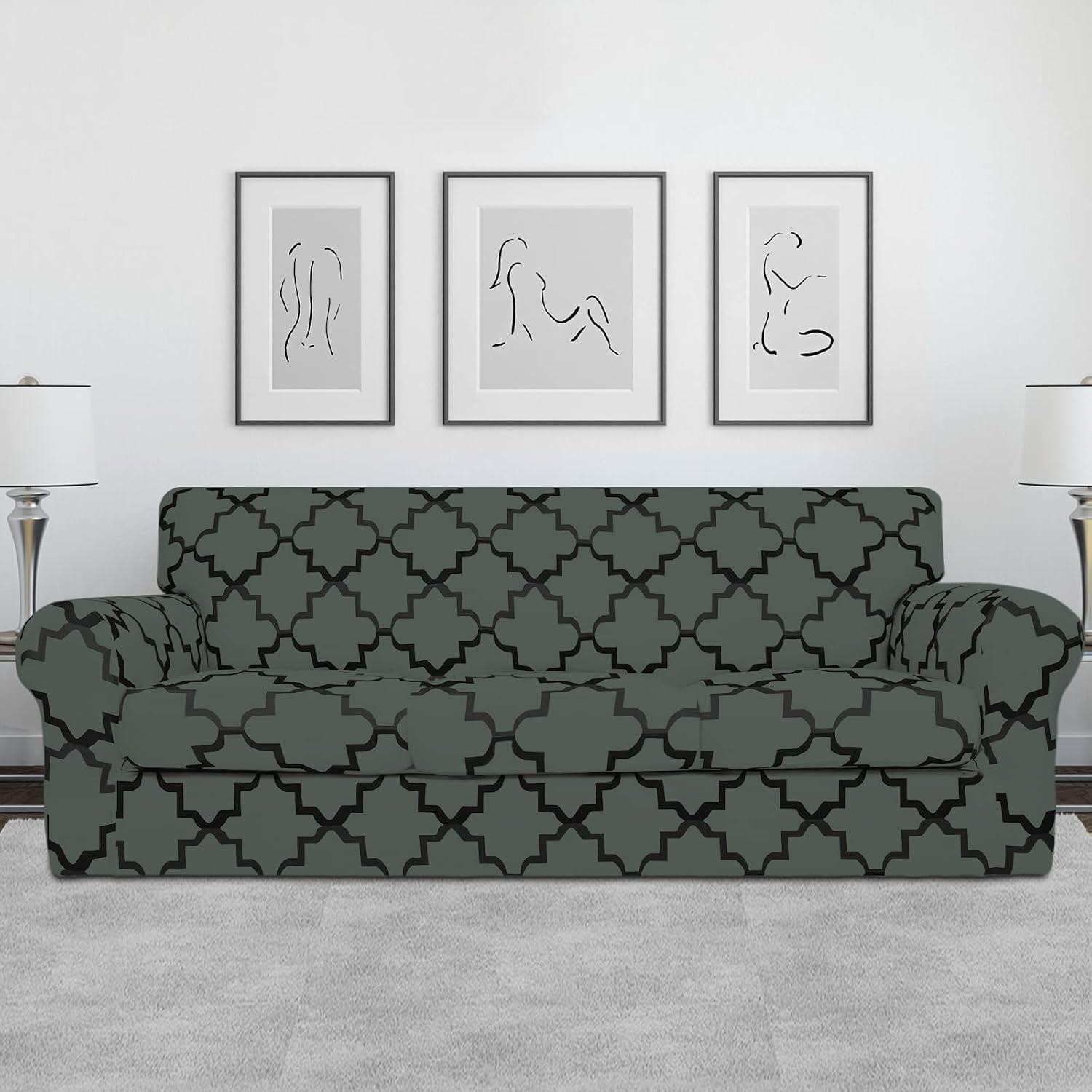 image:imageEasyGoing 2 Pieces Microfiber Stretch Chair Slipcover Spandex Soft Fitted Sofa Couch Cover Washable Furniture Protector with Elastic Bottom Kids Pet ChocolateQuatrefoilGray