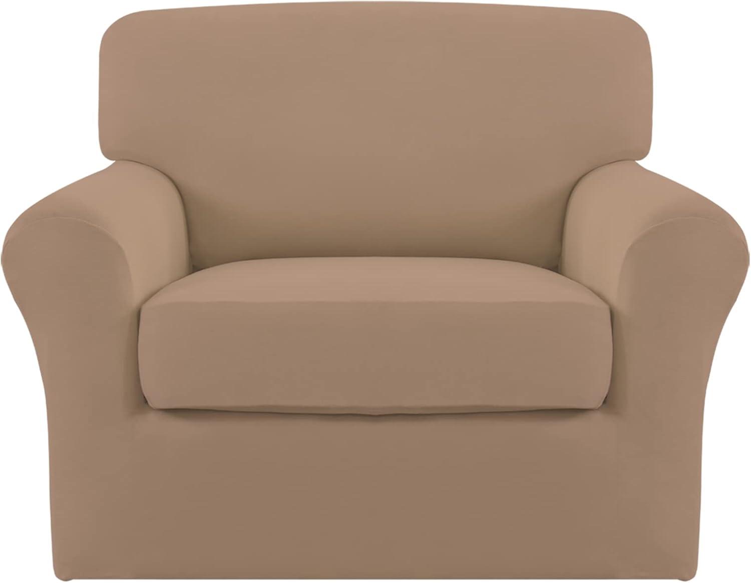 image:imageEasyGoing 2 Pieces Microfiber Stretch Chair Slipcover Spandex Soft Fitted Sofa Couch Cover Washable Furniture Protector with Elastic Bottom Kids Pet ChocolateCamel