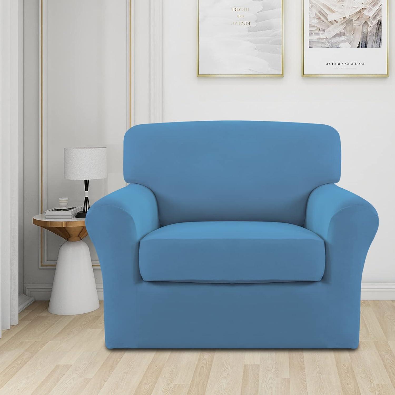 image:imageEasyGoing 2 Pieces Microfiber Stretch Chair Slipcover Spandex Soft Fitted Sofa Couch Cover Washable Furniture Protector with Elastic Bottom Kids Pet ChocolateLight Blue