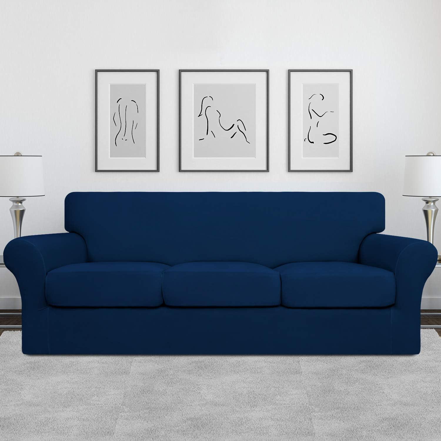 image:imageEasyGoing 2 Pieces Microfiber Stretch Chair Slipcover Spandex Soft Fitted Sofa Couch Cover Washable Furniture Protector with Elastic Bottom Kids Pet ChocolateNavy