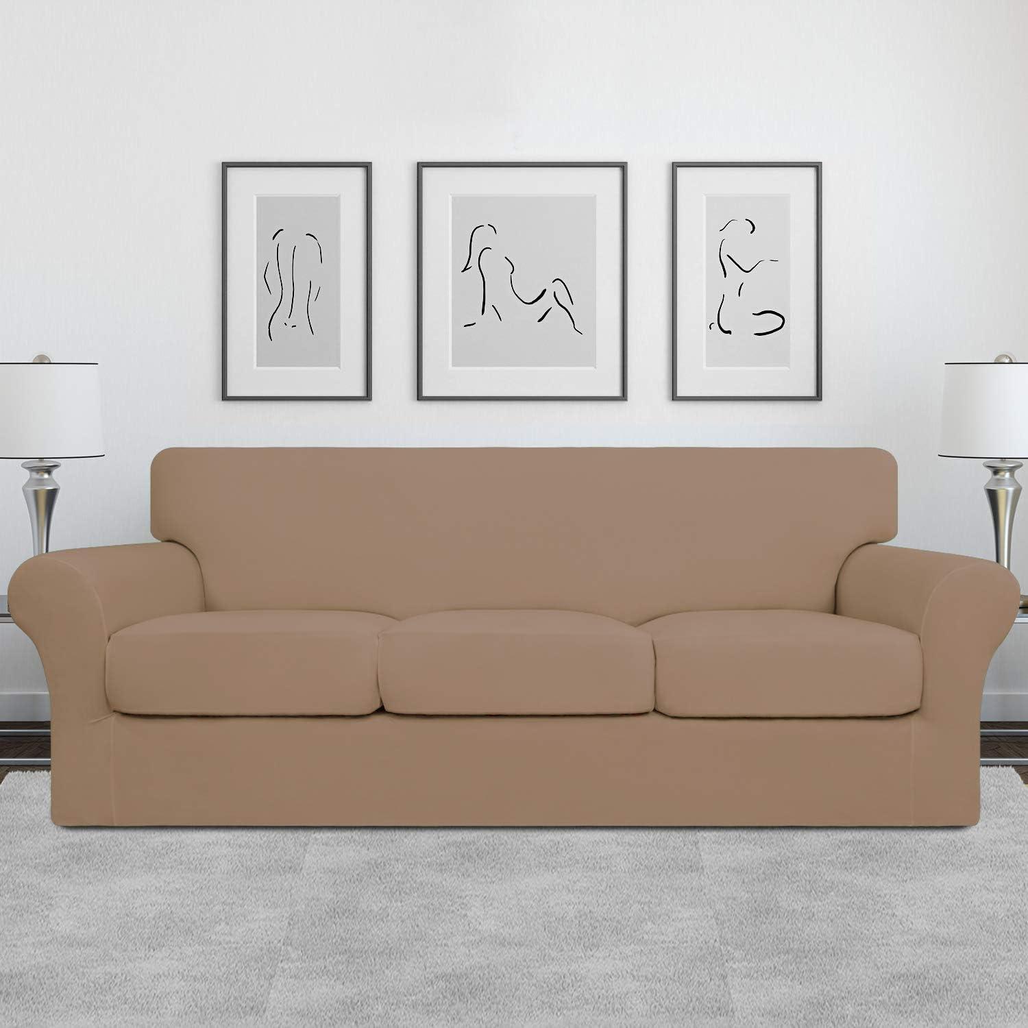 image:imageEasyGoing 2 Pieces Microfiber Stretch Chair Slipcover Spandex Soft Fitted Sofa Couch Cover Washable Furniture Protector with Elastic Bottom Kids Pet ChocolateCamel