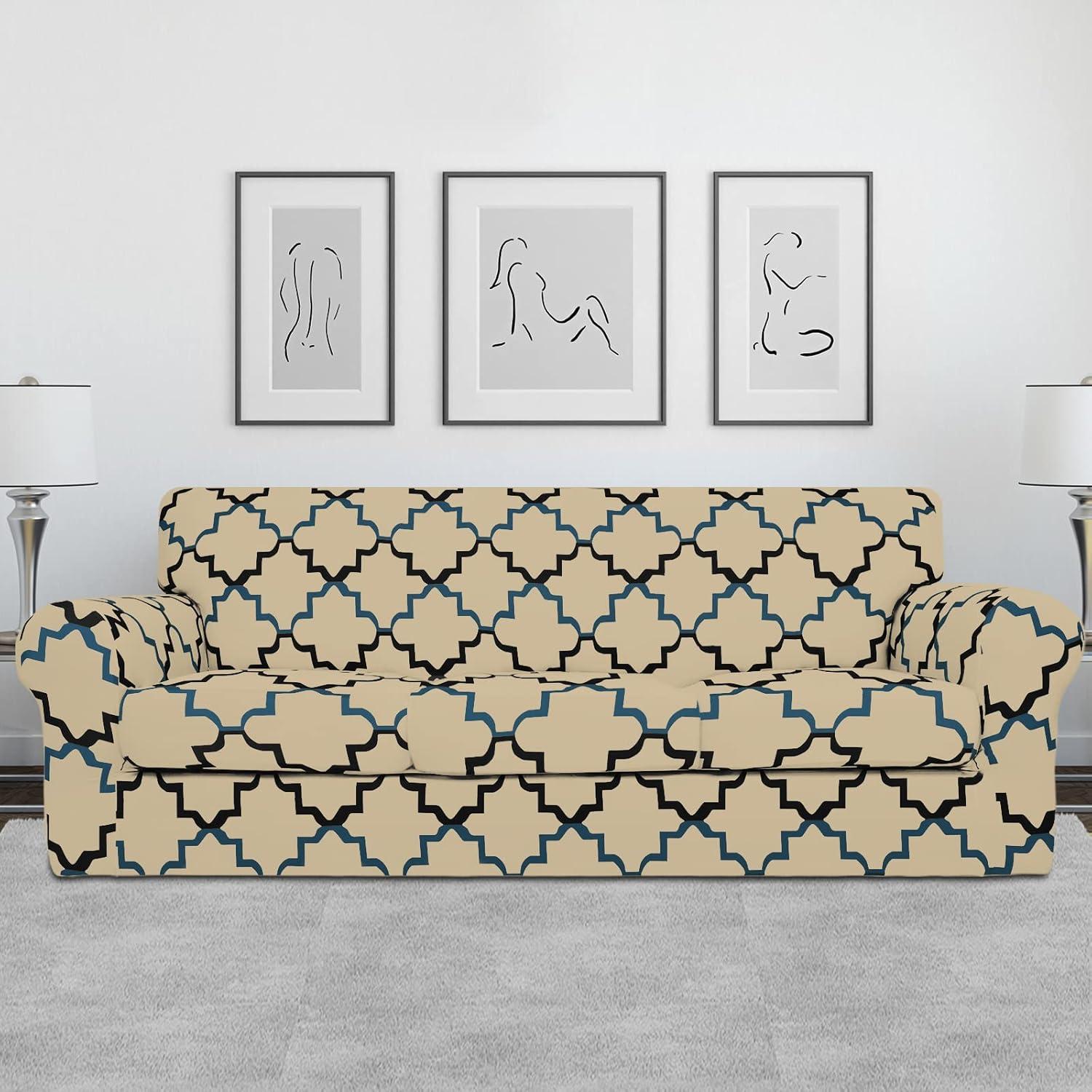 image:imageEasyGoing 2 Pieces Microfiber Stretch Chair Slipcover Spandex Soft Fitted Sofa Couch Cover Washable Furniture Protector with Elastic Bottom Kids Pet ChocolateQuatrefoilBeige