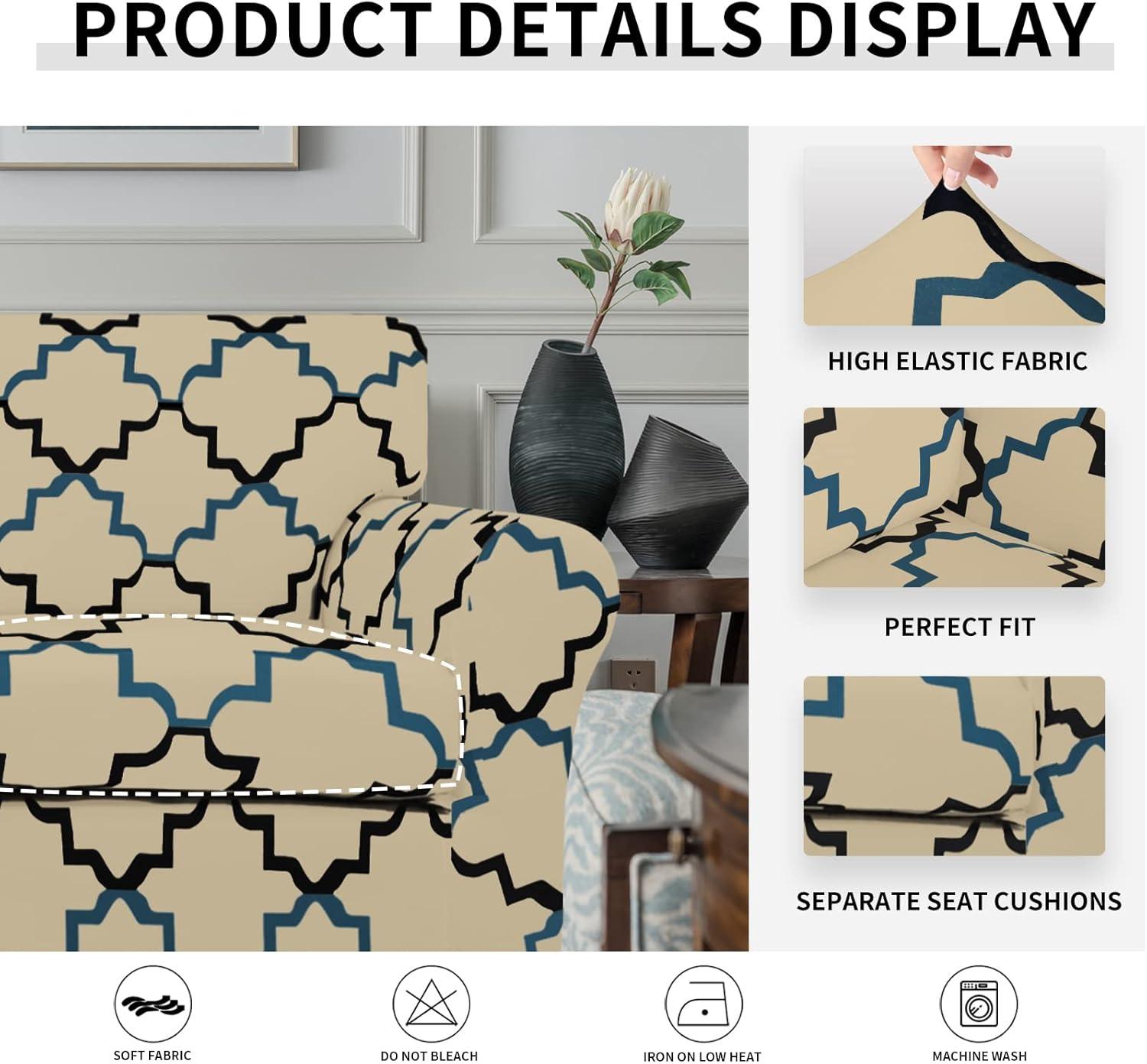 image:imageEasyGoing 2 Pieces Microfiber Stretch Chair Slipcover Spandex Soft Fitted Sofa Couch Cover Washable Furniture Protector with Elastic Bottom Kids Pet ChocolateQuatrefoilBeige