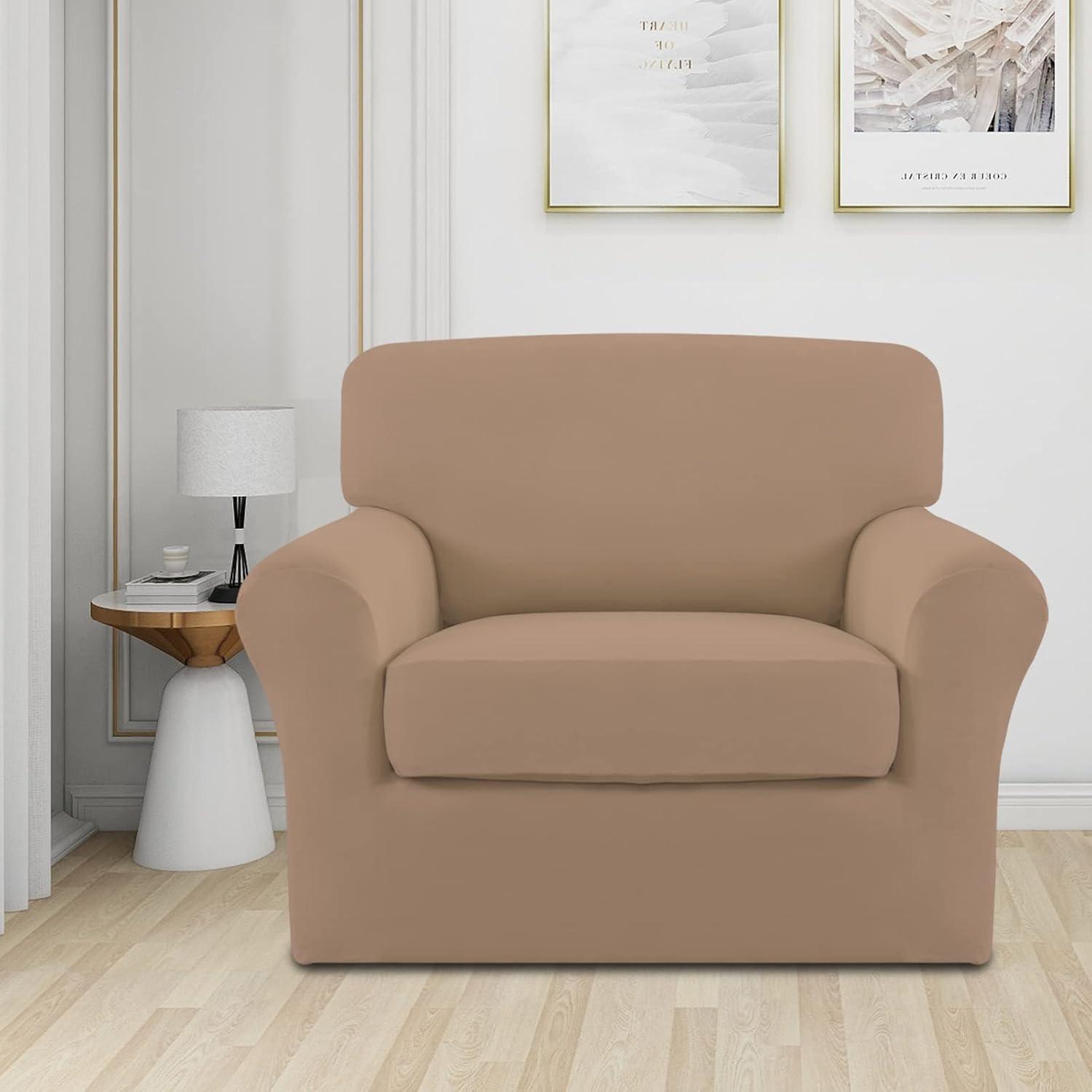 image:imageEasyGoing 2 Pieces Microfiber Stretch Chair Slipcover Spandex Soft Fitted Sofa Couch Cover Washable Furniture Protector with Elastic Bottom Kids Pet ChocolateCamel