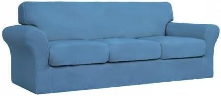 image:imageEasyGoing 2 Pieces Microfiber Stretch Chair Slipcover Spandex Soft Fitted Sofa Couch Cover Washable Furniture Protector with Elastic Bottom Kids Pet ChocolateLight Blue